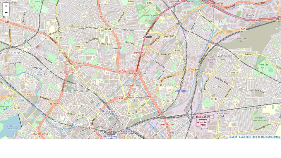 Map showing Expo Direct warehouse at 30 Chester Street, Aston, Birmingham, B6 4BE